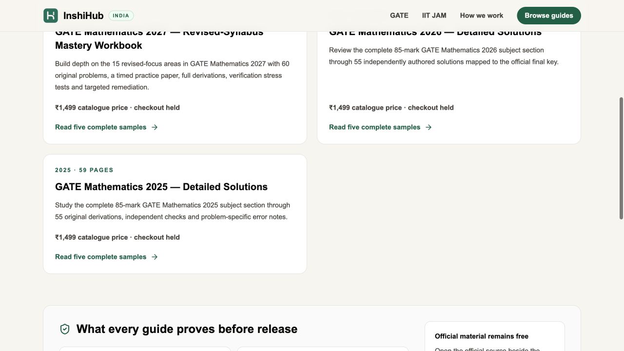 Live InshiHub India catalogue showing the 2025 and 2026 detailed-solutions cards, their page counts, and the held checkout state