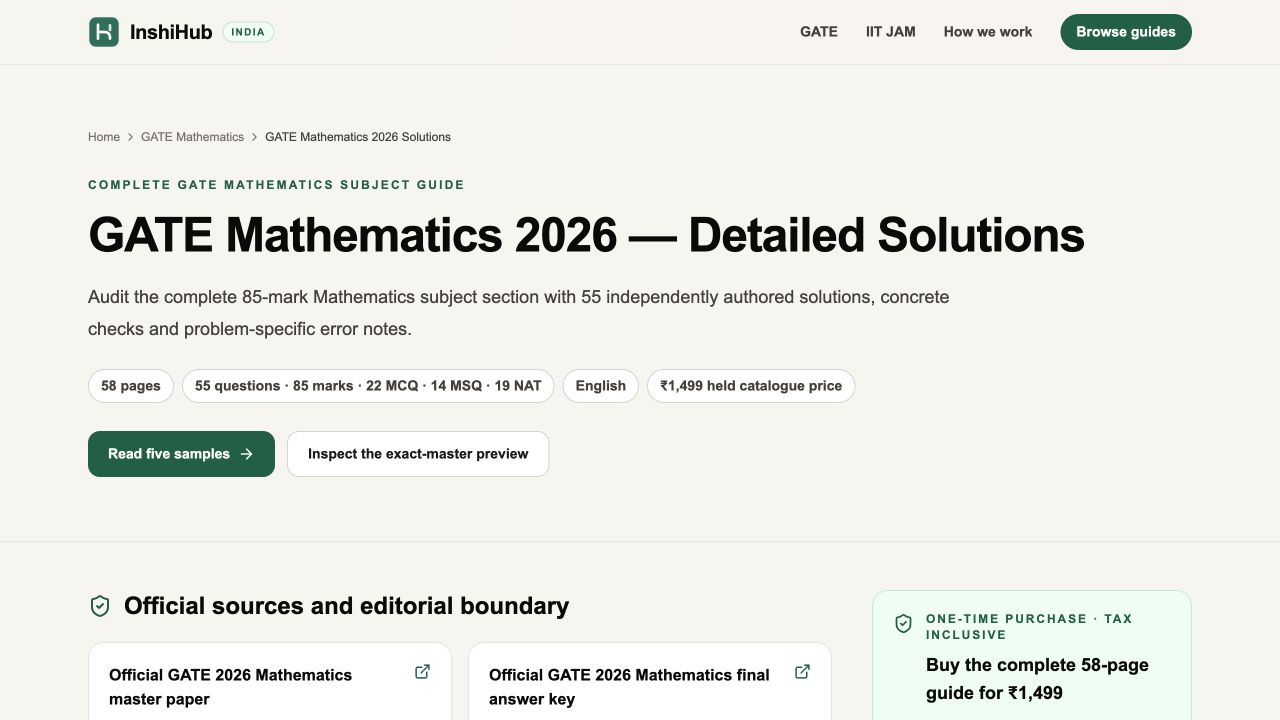 Live InshiHub India GATE Mathematics 2026 guide page showing 58 pages, 55 subject questions, 85 marks, and the MCQ/MSQ/NAT mix