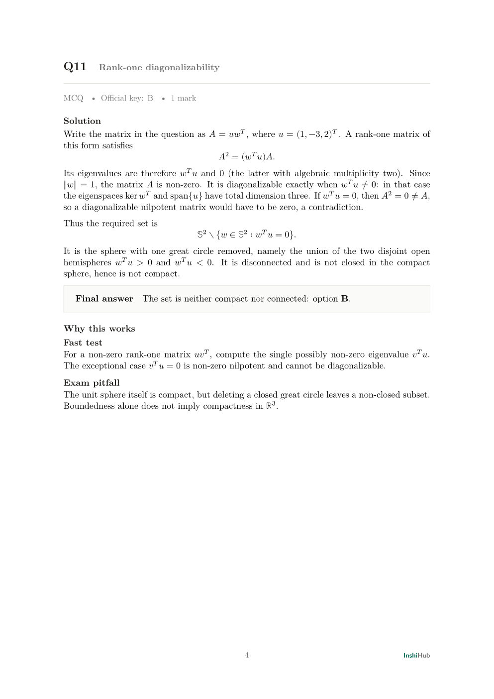 GATE Mathematics 2025 — Detailed Solutions, preview page 2 of 6: A detailed linear-algebra solution with an independent structural check.