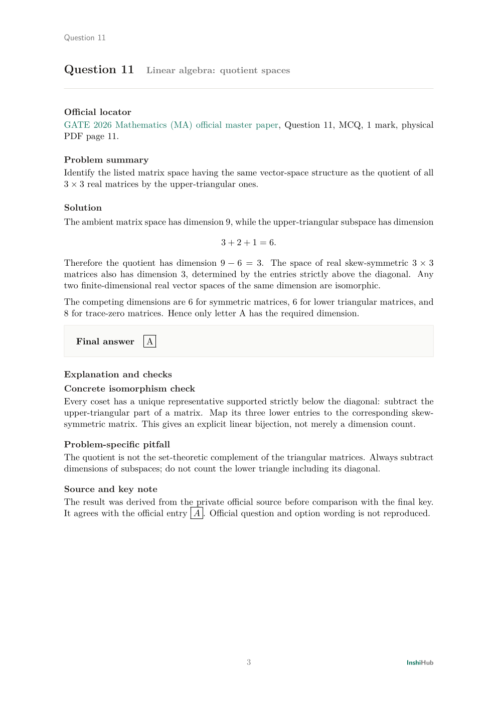 GATE Mathematics 2026 — Detailed Solutions, preview page 2 of 6: A detailed linear-algebra solution with an independent structural check.