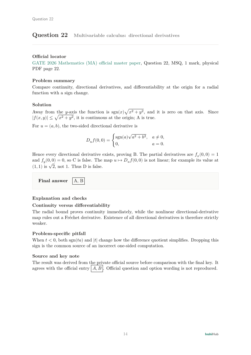 GATE Mathematics 2026 — Detailed Solutions, preview page 3 of 6: A detailed analysis or calculus solution with a reusable theorem criterion.