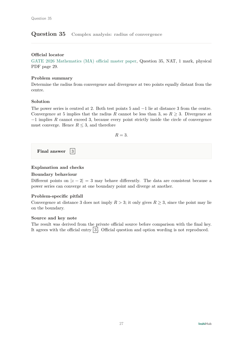 GATE Mathematics 2026 — Detailed Solutions, preview page 4 of 6: A numerical-answer solution with the official key or accepted range.