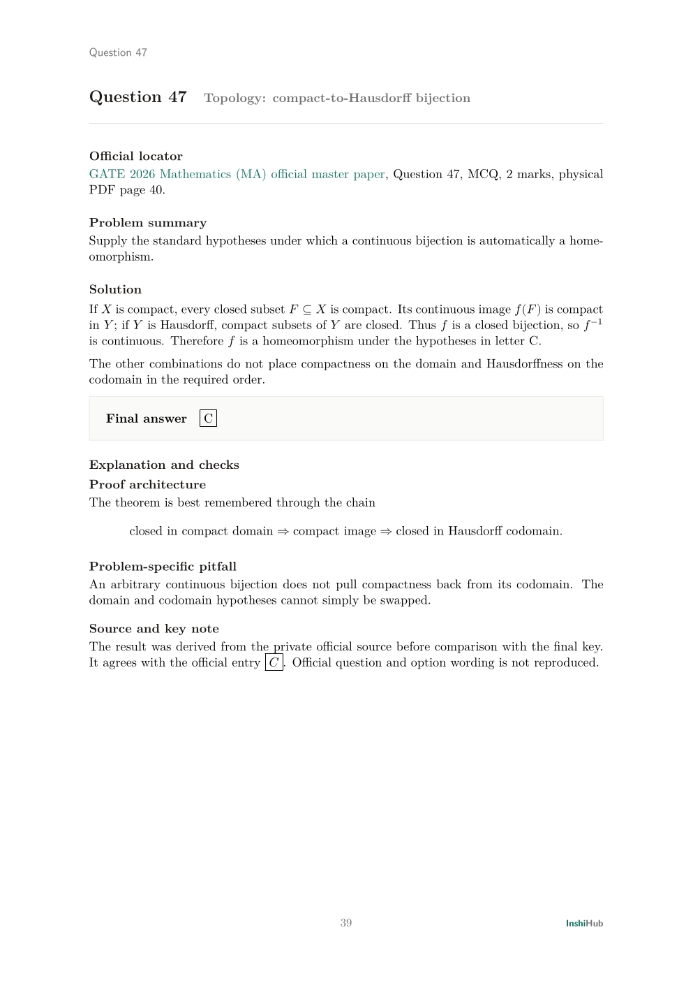 GATE Mathematics 2026 — Detailed Solutions, preview page 5 of 6: A two-mark proof-oriented solution with a problem-specific pitfall.