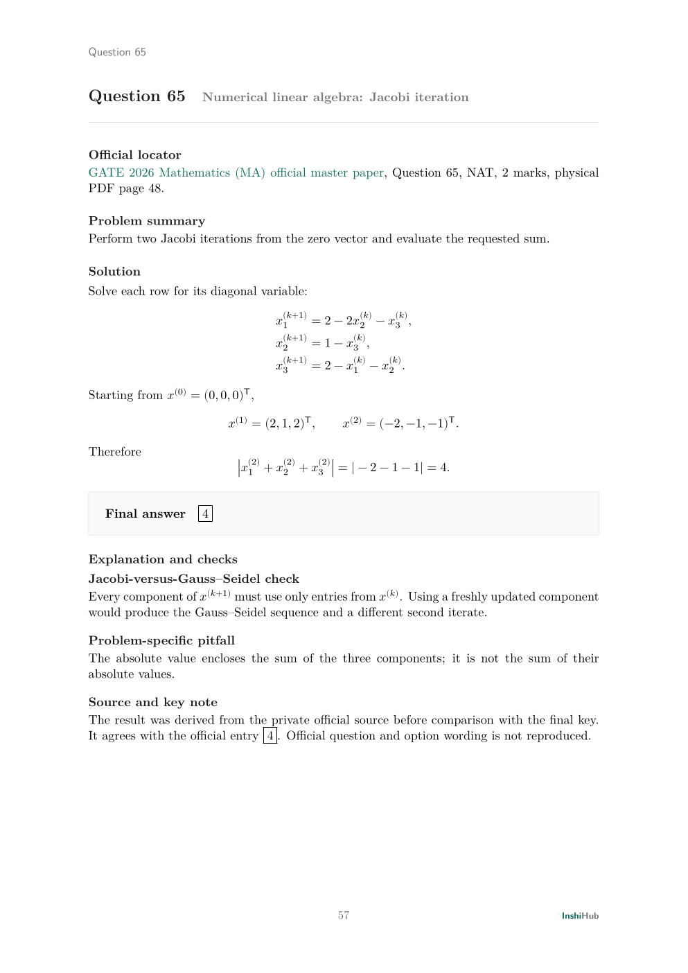 GATE Mathematics 2026 — Detailed Solutions, preview page 6 of 6: A final-section solution showing an independent computational check.