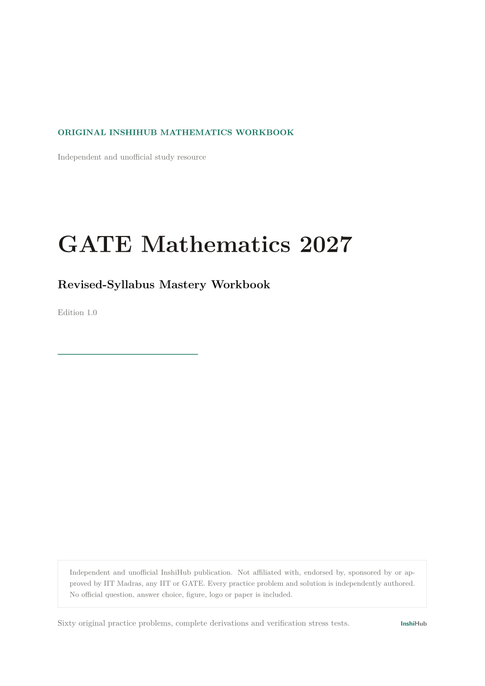 GATE Mathematics 2027 — Revised-Syllabus Mastery Workbook, preview page 1 of 6: Cover of the 125-page GATE Mathematics 2027 revised-syllabus mastery workbook.