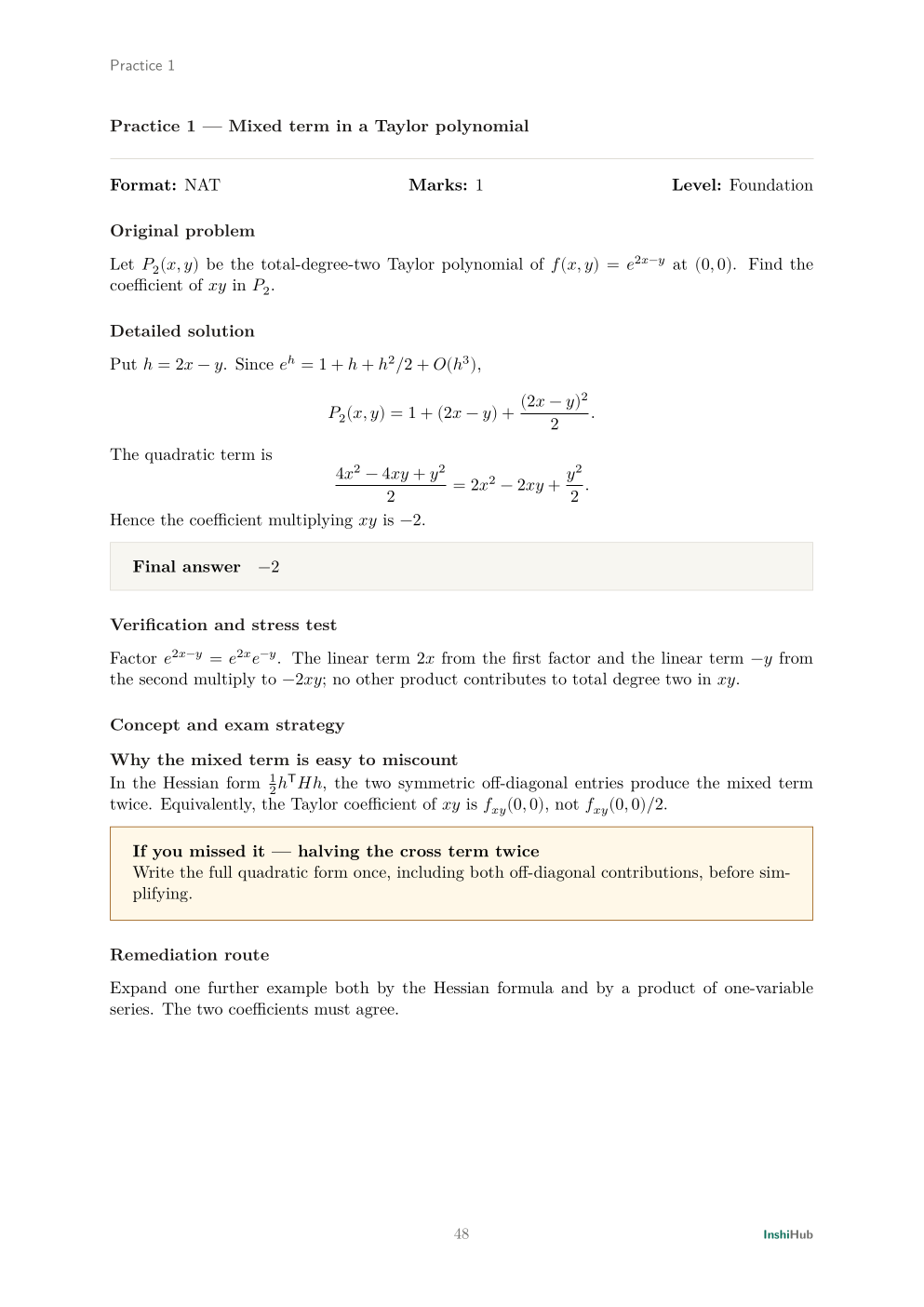 GATE Mathematics 2027 — Revised-Syllabus Mastery Workbook, preview page 2 of 6: Detailed solution for original Practice 1 on a mixed Taylor coefficient.