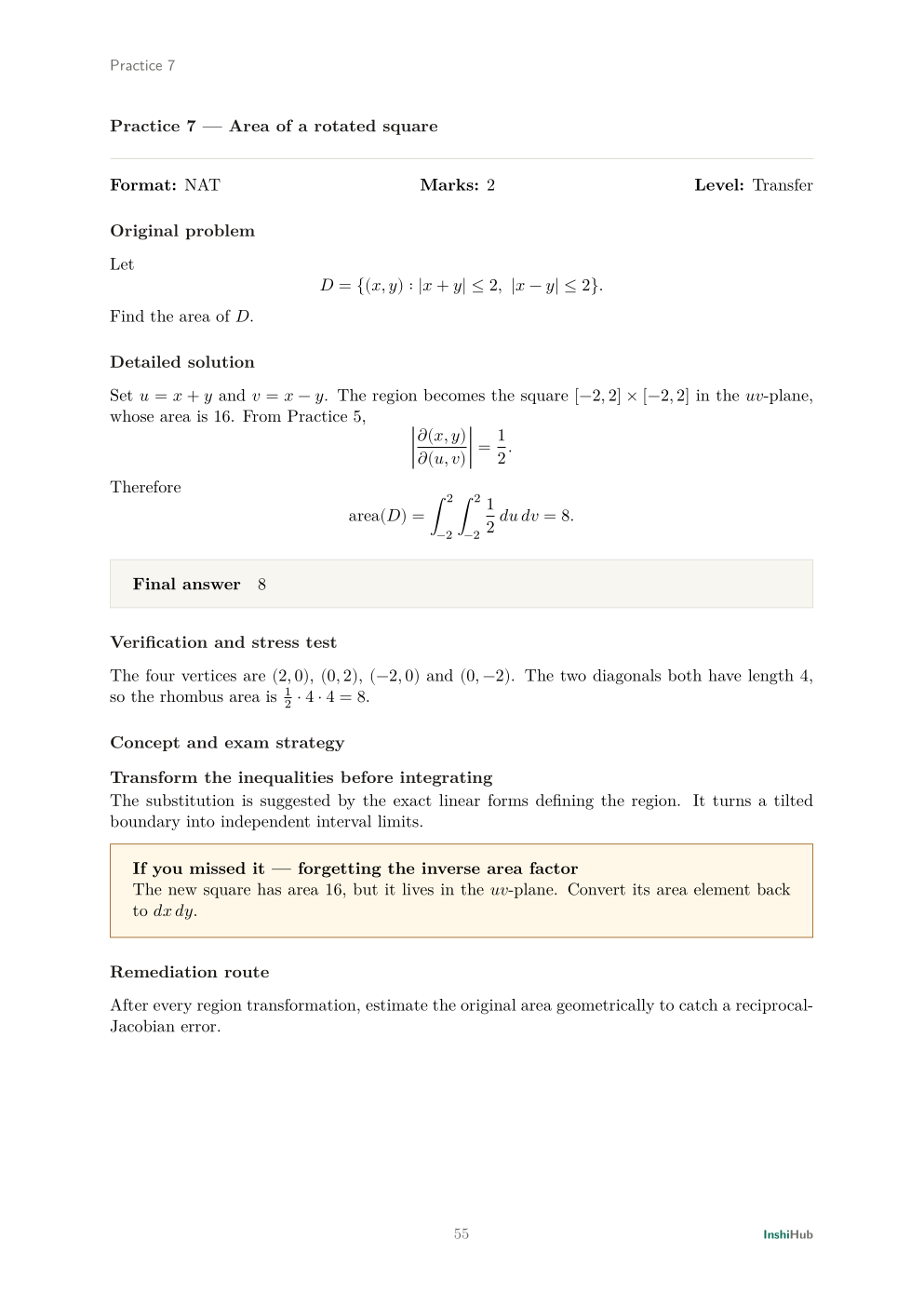 GATE Mathematics 2027 — Revised-Syllabus Mastery Workbook, preview page 3 of 6: Detailed solution for original Practice 7 on a Jacobian and rotated-square area.