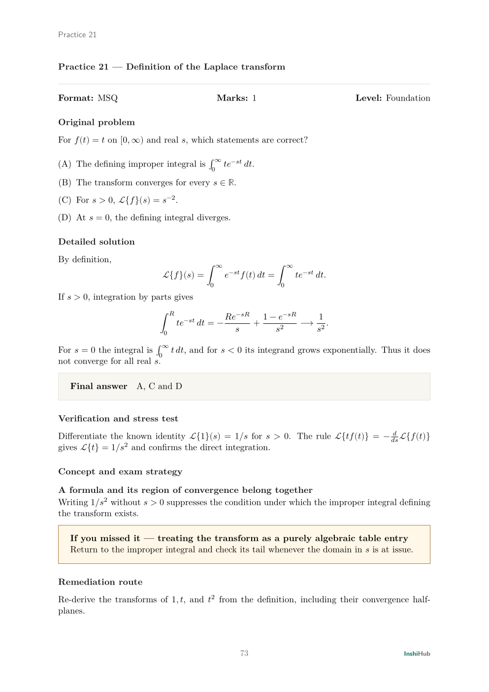 GATE Mathematics 2027 — Revised-Syllabus Mastery Workbook, preview page 4 of 6: Detailed solution for original Practice 21 on the Laplace-transform definition and convergence region.