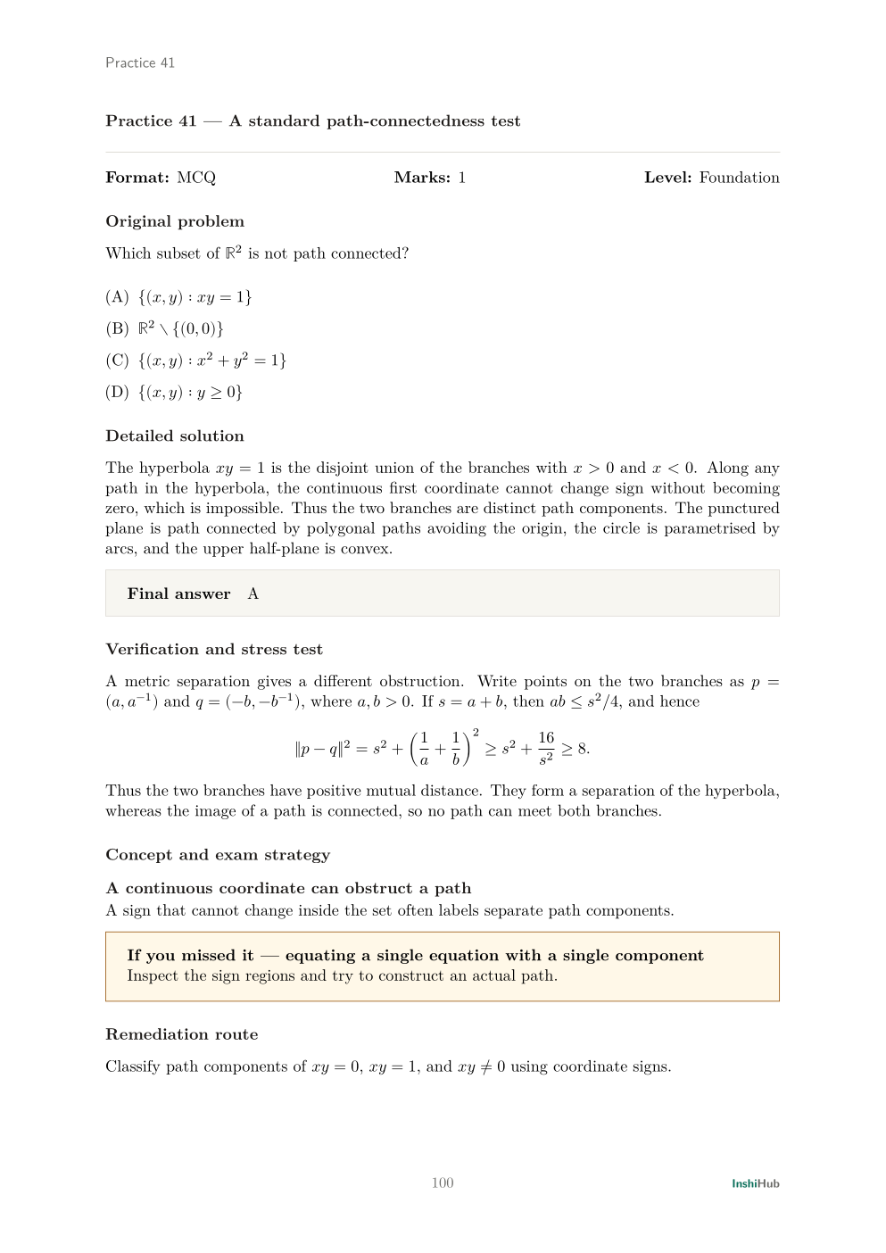 GATE Mathematics 2027 — Revised-Syllabus Mastery Workbook, preview page 5 of 6: Detailed solution for original Practice 41 on path connectedness and hyperbola components.