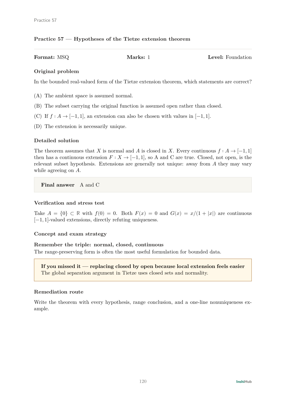 GATE Mathematics 2027 — Revised-Syllabus Mastery Workbook, preview page 6 of 6: Detailed solution for original Practice 57 on the hypotheses of the Tietze extension theorem.
