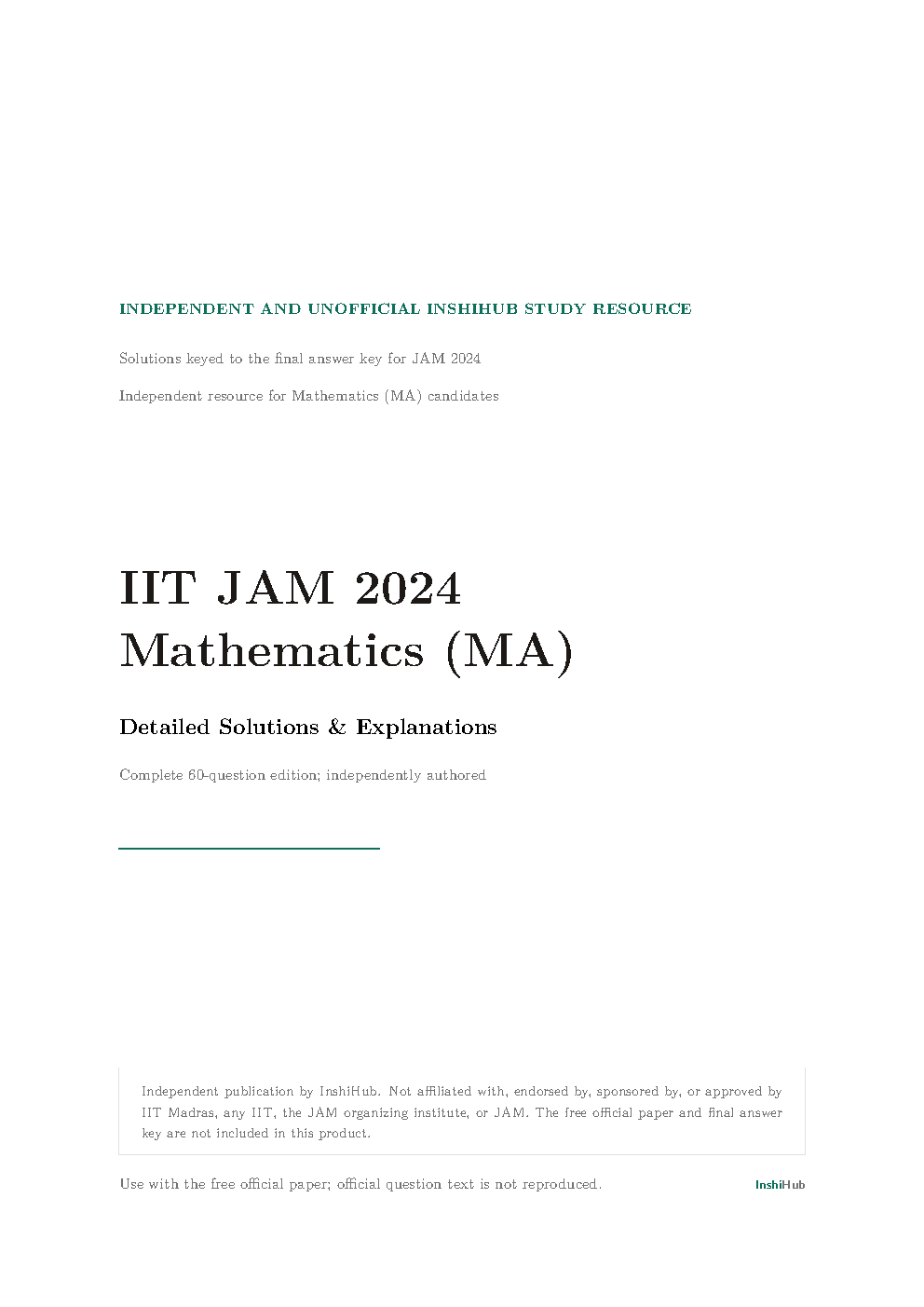 IIT JAM Mathematics 2024 — Detailed Solutions, preview page 1 of 6: Cover of the complete IIT JAM Mathematics 2024 guide.