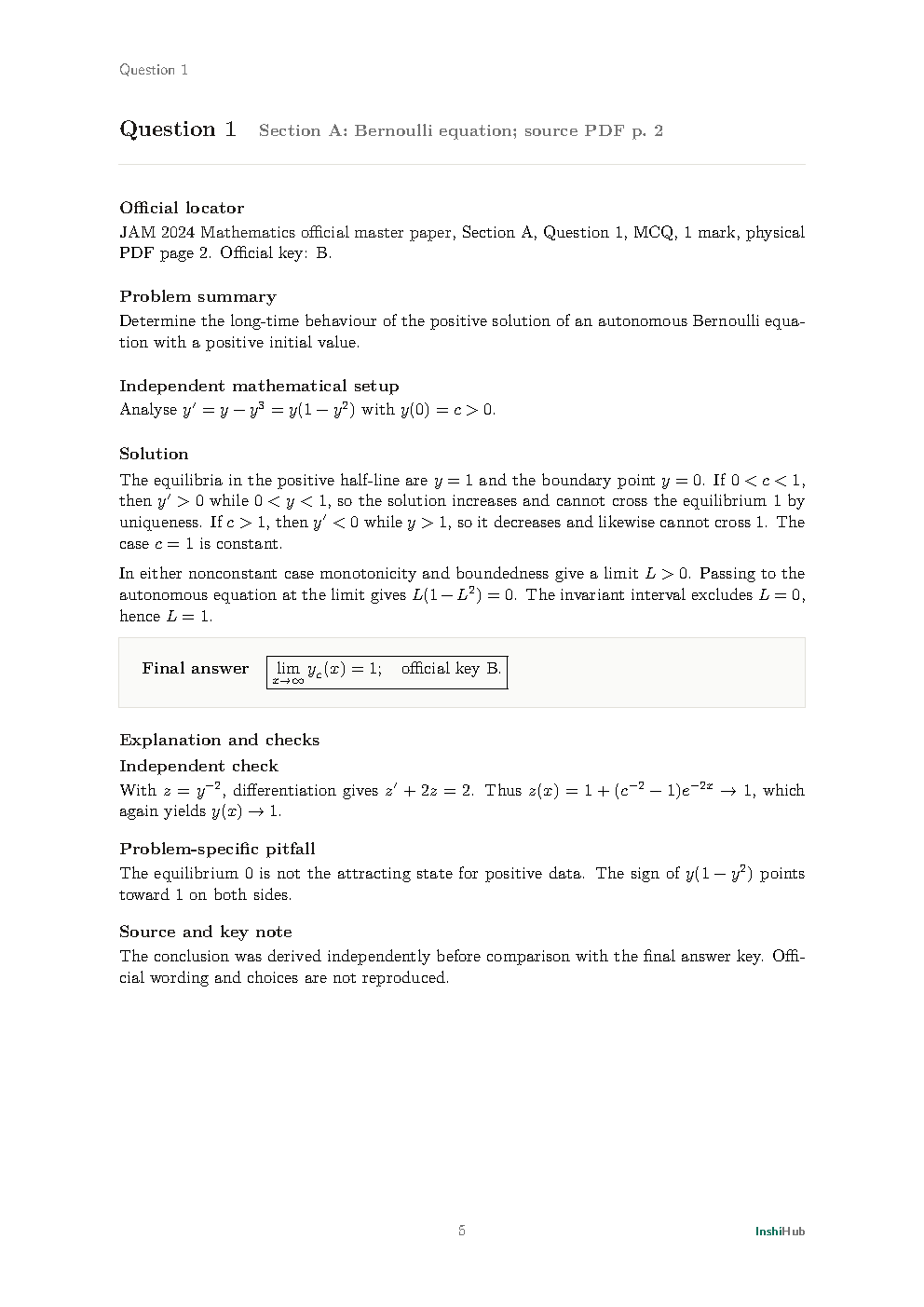 IIT JAM Mathematics 2024 — Detailed Solutions, preview page 2 of 6: A detailed Section A MCQ solution with a separate mathematical check.