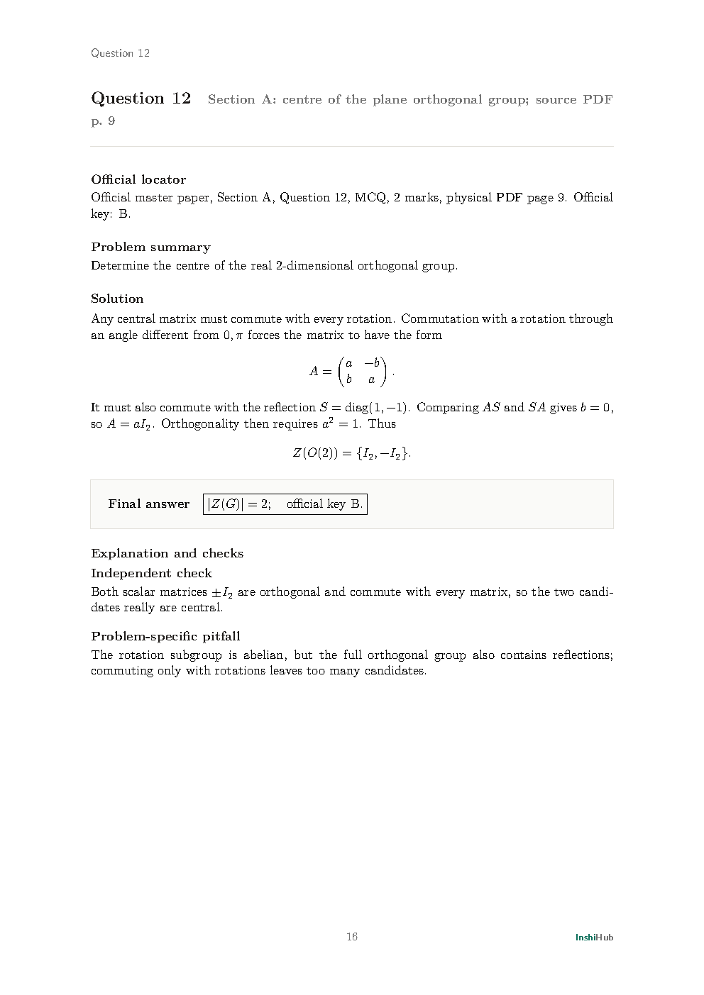 IIT JAM Mathematics 2024 — Detailed Solutions, preview page 3 of 6: A second Section A derivation showing a reusable method and pitfall.