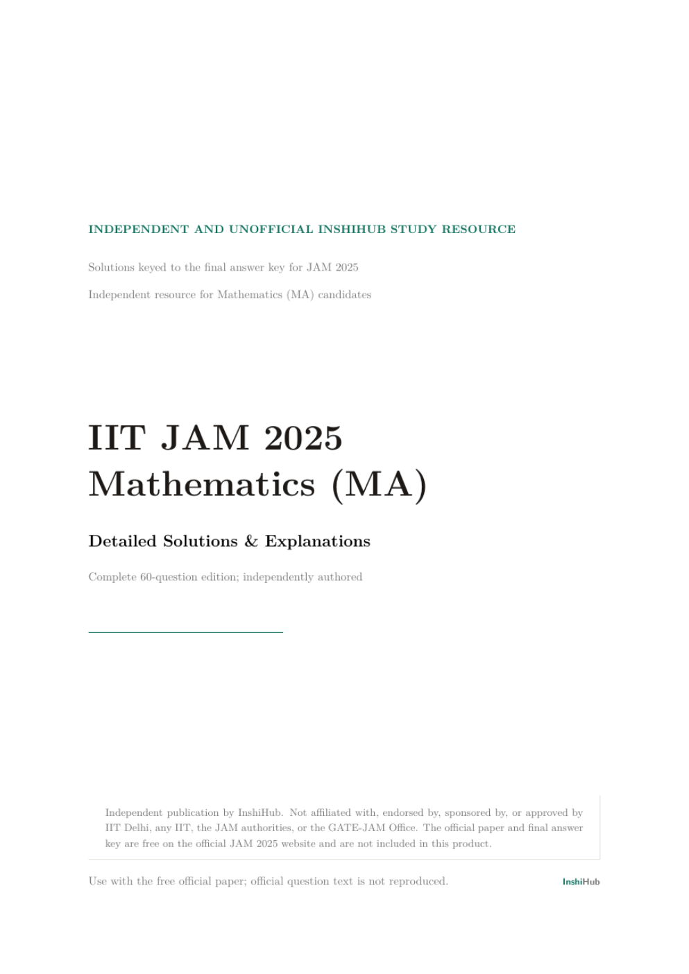 IIT JAM Mathematics 2025 — Detailed Solutions, preview page 1 of 6: Cover of the complete IIT JAM Mathematics 2025 guide.