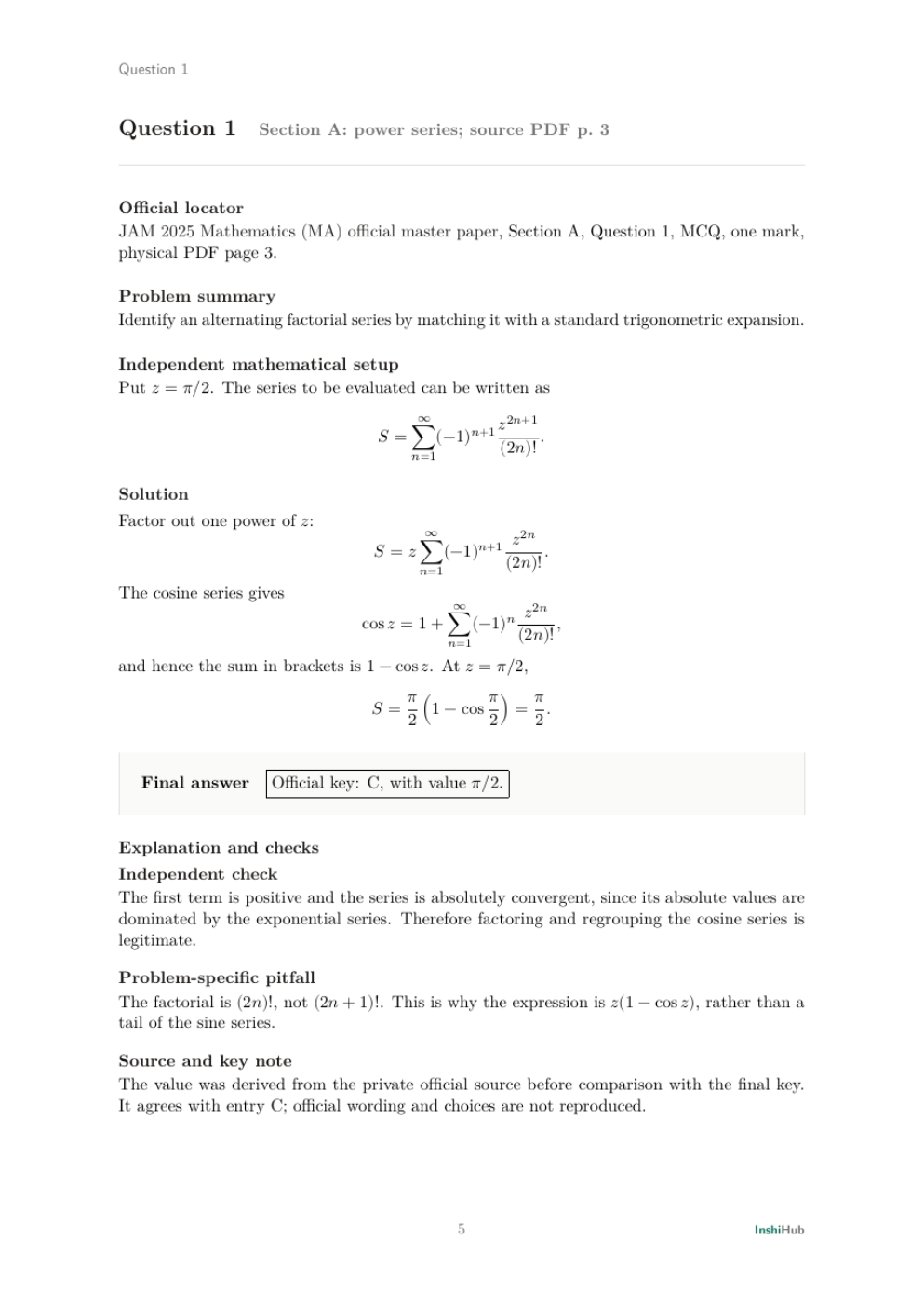 IIT JAM Mathematics 2025 — Detailed Solutions, preview page 2 of 6: A detailed Section A MCQ solution with a separate mathematical check.