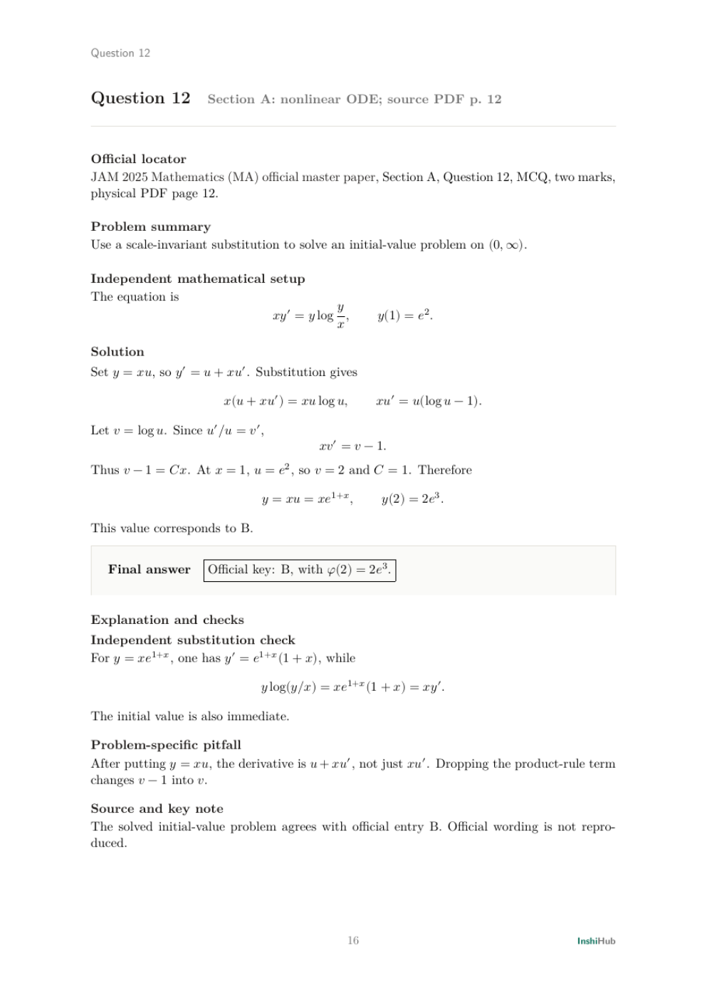 IIT JAM Mathematics 2025 — Detailed Solutions, preview page 3 of 6: A second Section A derivation showing a reusable method and pitfall.