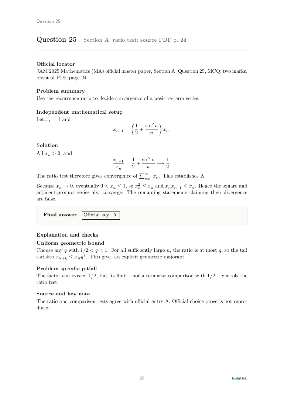 IIT JAM Mathematics 2025 — Detailed Solutions, preview page 4 of 6: A detailed Section B MSQ solution with option-by-option reasoning.