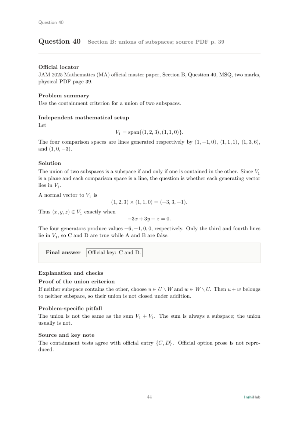 IIT JAM Mathematics 2025 — Detailed Solutions, preview page 5 of 6: A detailed Section C NAT solution with exact value or accepted range.