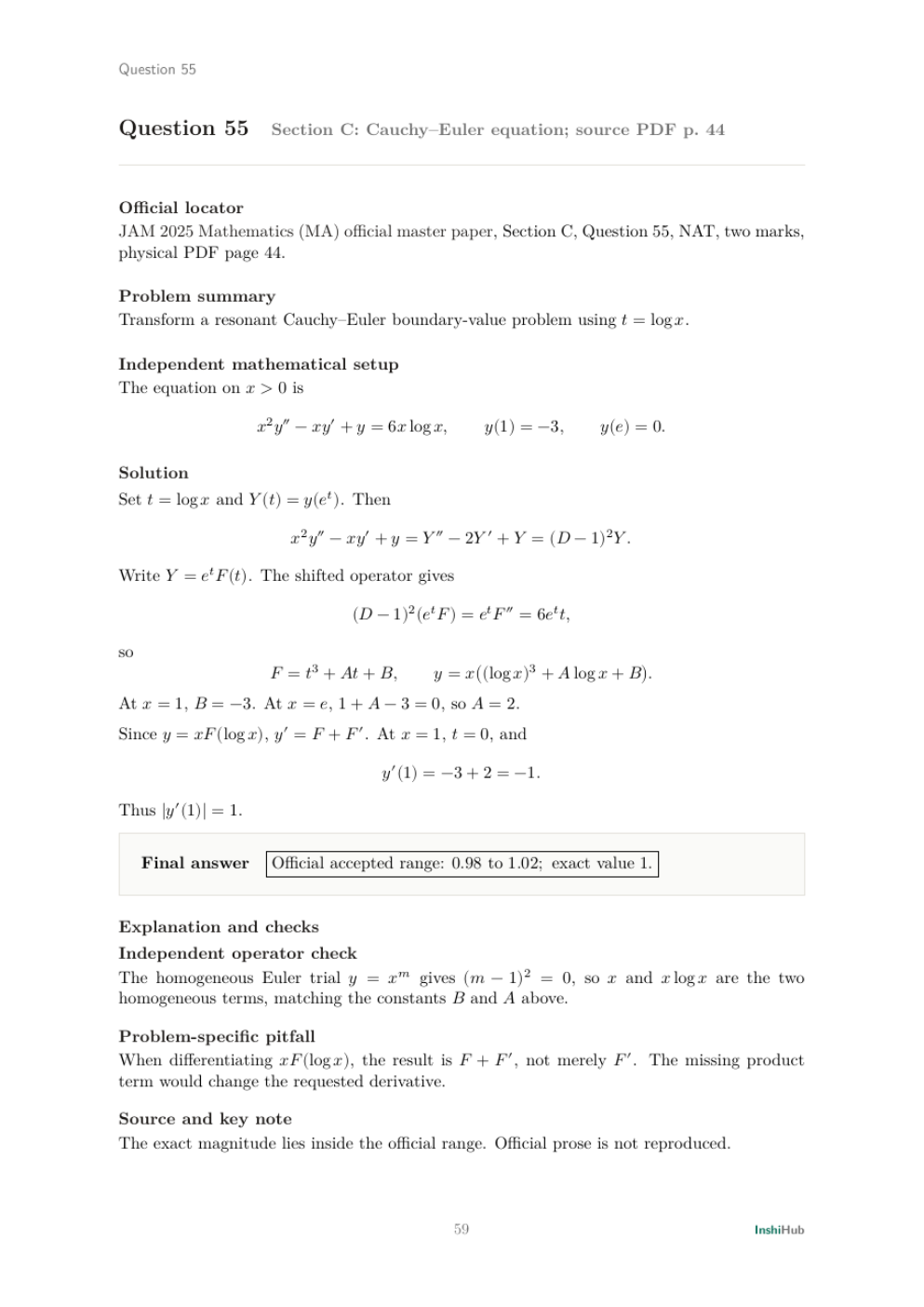 IIT JAM Mathematics 2025 — Detailed Solutions, preview page 6 of 6: A later-paper solution showing independent verification and source-key mapping.
