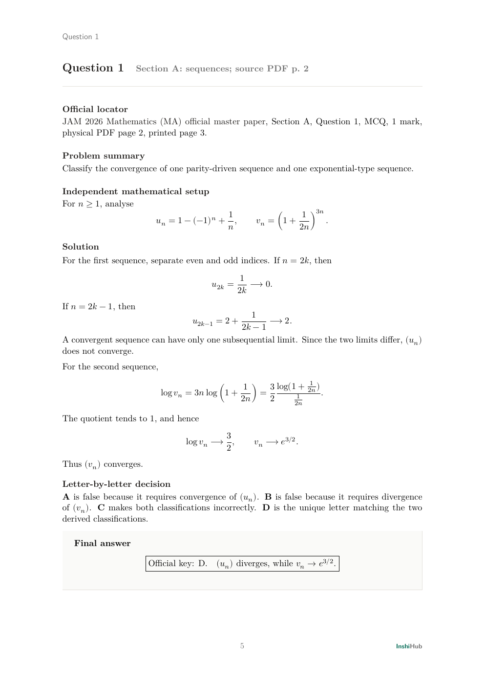 IIT JAM 2026 Mathematics — Independent Detailed Solutions, preview page 2 of 6: Question 1 solution using parity subsequences and an exponential limit.