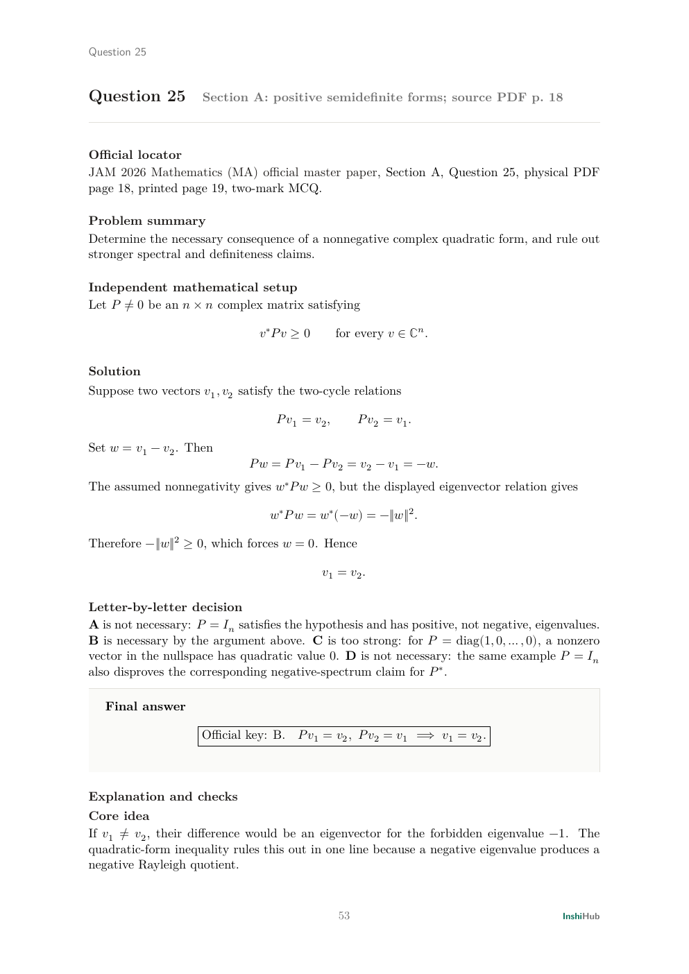 IIT JAM 2026 Mathematics — Independent Detailed Solutions, preview page 3 of 6: Question 25 solution using a positive semidefinite quadratic form to exclude a negative eigenvalue.