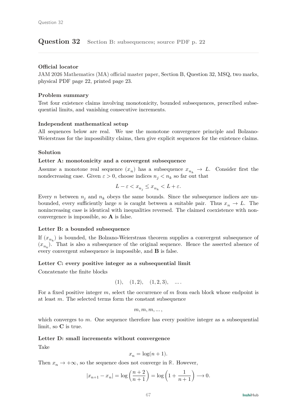 IIT JAM 2026 Mathematics — Independent Detailed Solutions, preview page 4 of 6: Question 32 solution testing subsequence claims with theorems and explicit examples.