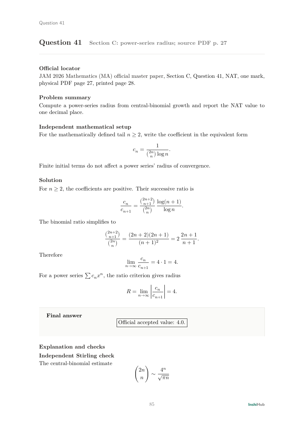 IIT JAM 2026 Mathematics — Independent Detailed Solutions, preview page 5 of 6: Question 41 solution computing a power-series radius while preserving the source-index caveat.