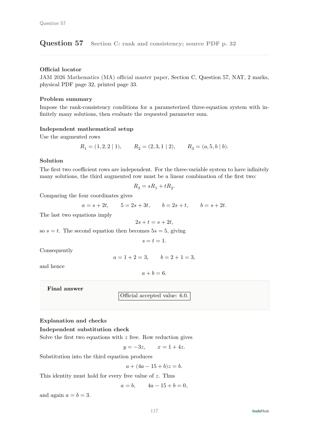 IIT JAM 2026 Mathematics — Independent Detailed Solutions, preview page 6 of 6: Question 57 solution checking rank and consistency for infinitely many solutions.
