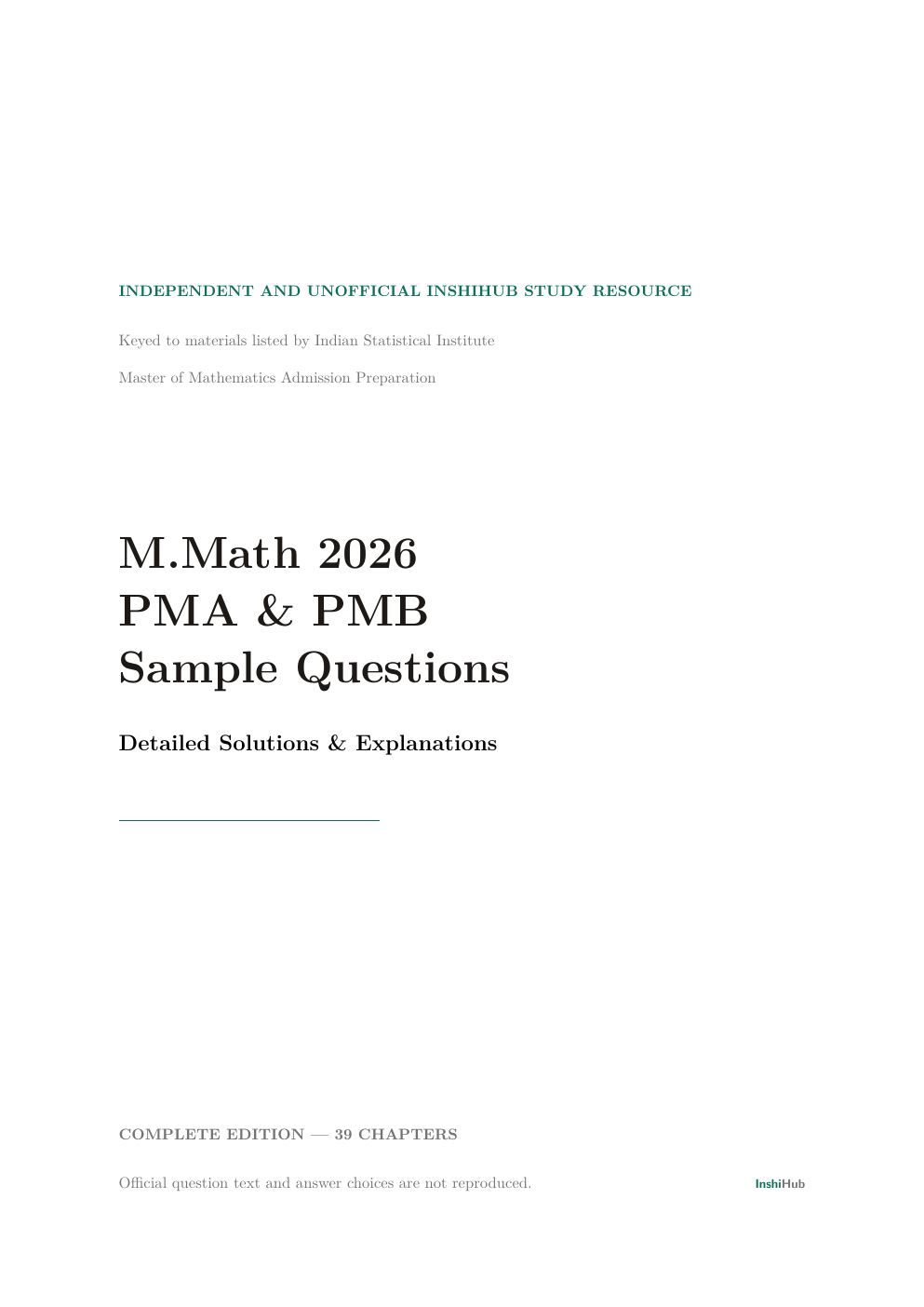 ISI M.Math 2026 PMA and PMB Sample Questions — Independent Detailed Solutions, preview page 1 of 6: Cover of the complete 82-page ISI M.Math 2026 PMA and PMB sample-question independent detailed-solutions edition.