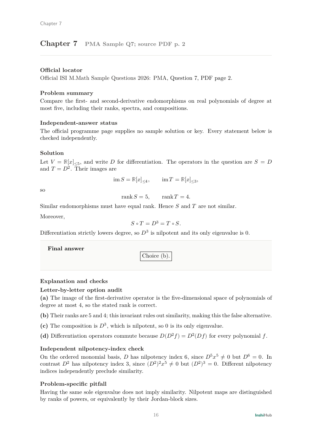 ISI M.Math 2026 PMA and PMB Sample Questions — Independent Detailed Solutions, preview page 2 of 6: PMA 7 solution comparing first- and second-derivative operators through rank, similarity, spectrum, and nilpotence.