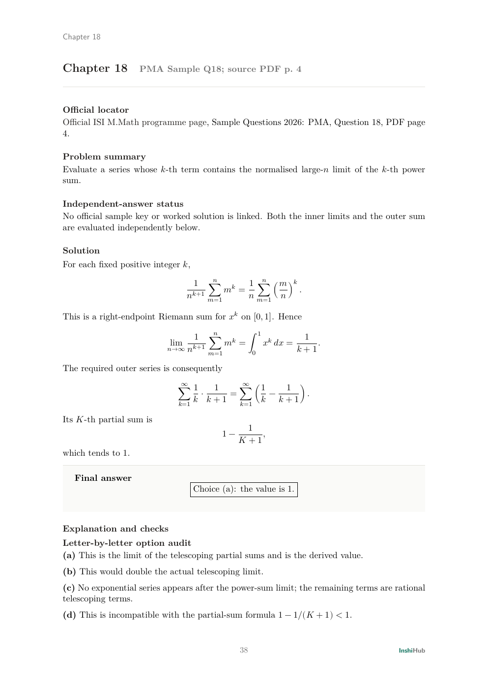 ISI M.Math 2026 PMA and PMB Sample Questions — Independent Detailed Solutions, preview page 3 of 6: PMA 18 solution converting normalized power sums into a Riemann integral before telescoping the outer series.