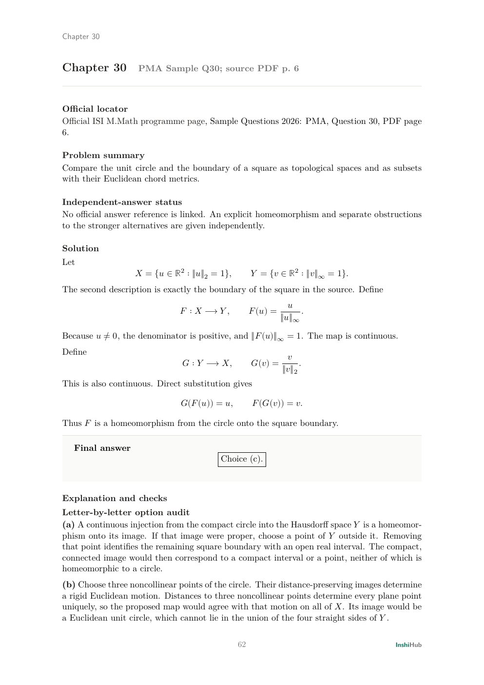 ISI M.Math 2026 PMA and PMB Sample Questions — Independent Detailed Solutions, preview page 4 of 6: PMA 30 solution constructing radial homeomorphisms between a circle and a square boundary while separating metric claims.