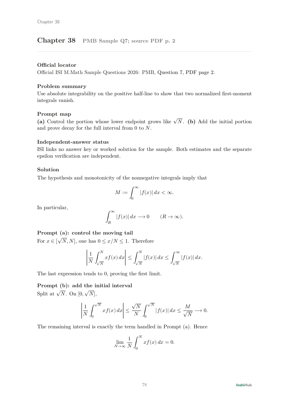 ISI M.Math 2026 PMA and PMB Sample Questions — Independent Detailed Solutions, preview page 6 of 6: PMB 7 solution proving two normalized weighted-integral limits using an L1 tail split and an independent cutoff argument.