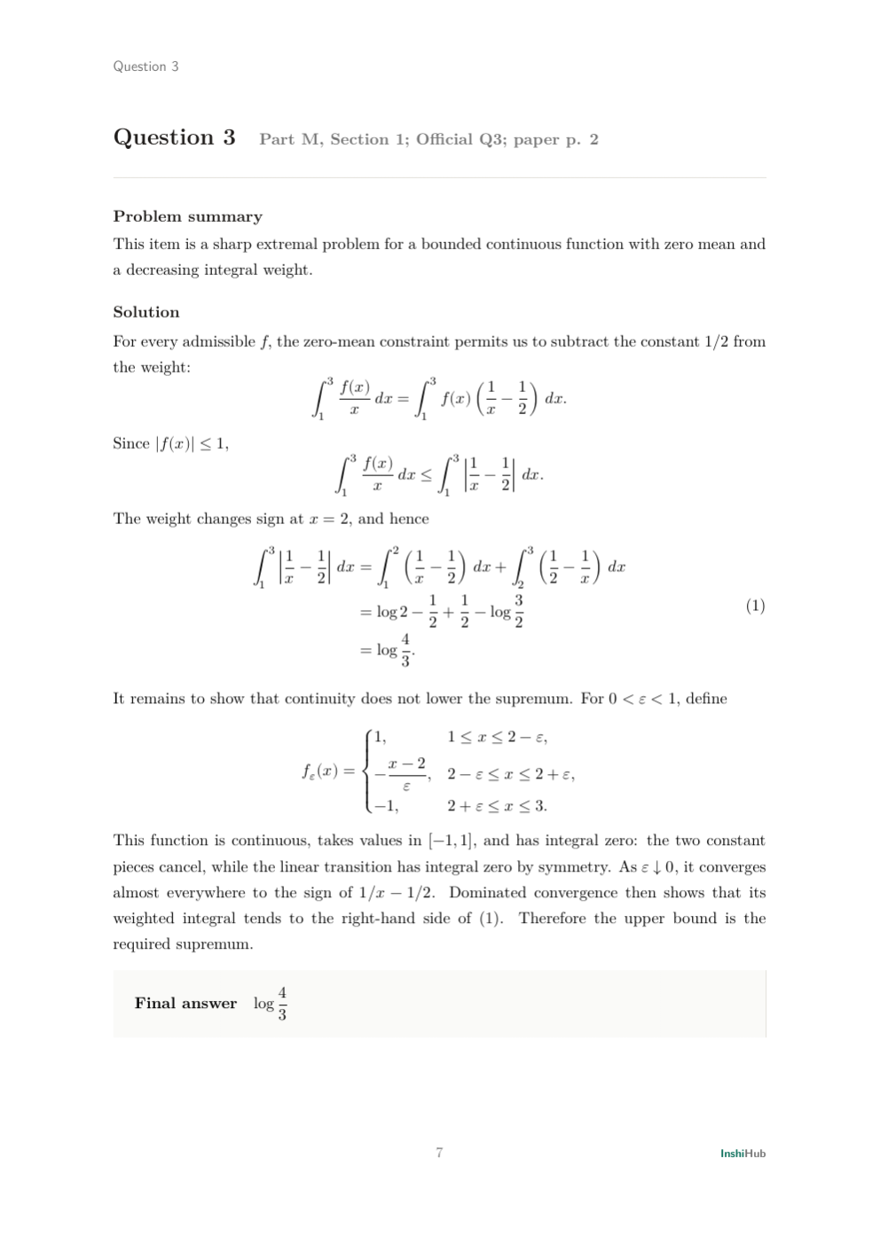 NBHM Combined 2023 Worked Solutions, preview page 1 of 6: Question 3 solution deriving the sharp zero-mean integral bound with a centred weight and continuous sign approximations.