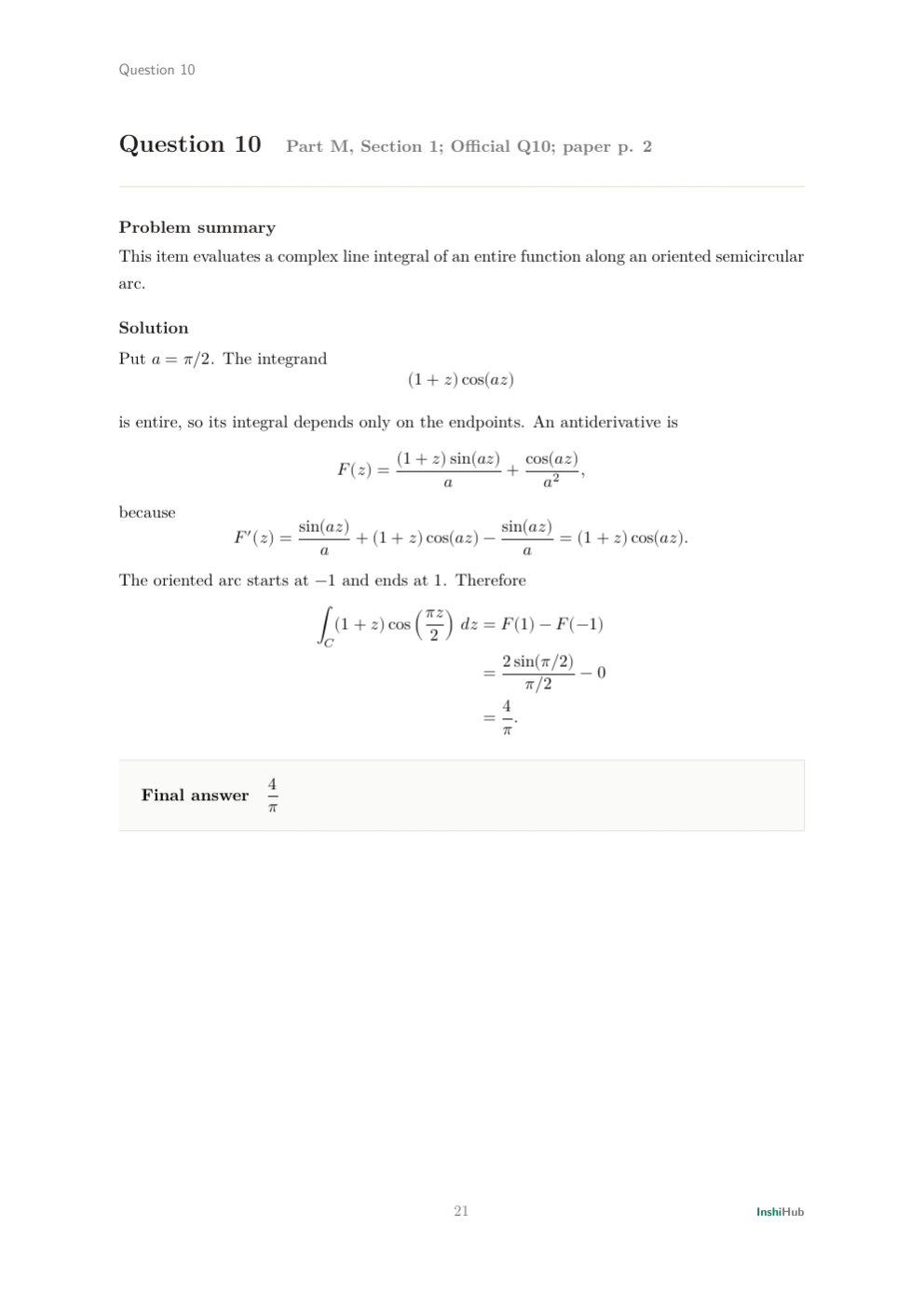 NBHM Combined 2023 Worked Solutions, preview page 2 of 6: Question 10 solution evaluating an entire complex line integral through an explicit primitive and the oriented endpoints.