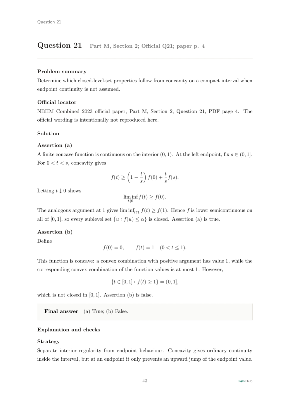 NBHM Combined 2023 Worked Solutions, preview page 3 of 6: Question 21 solution separating interior concavity from endpoint semicontinuity and testing both level-set claims.
