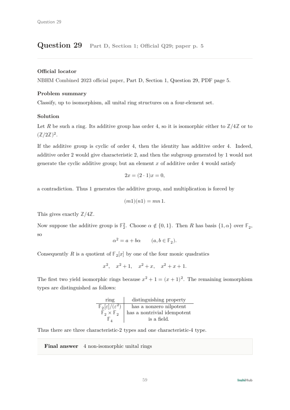 NBHM Combined 2023 Worked Solutions, preview page 4 of 6: Question 29 solution classifying every four-element unital ring through its additive group and quadratic relation.