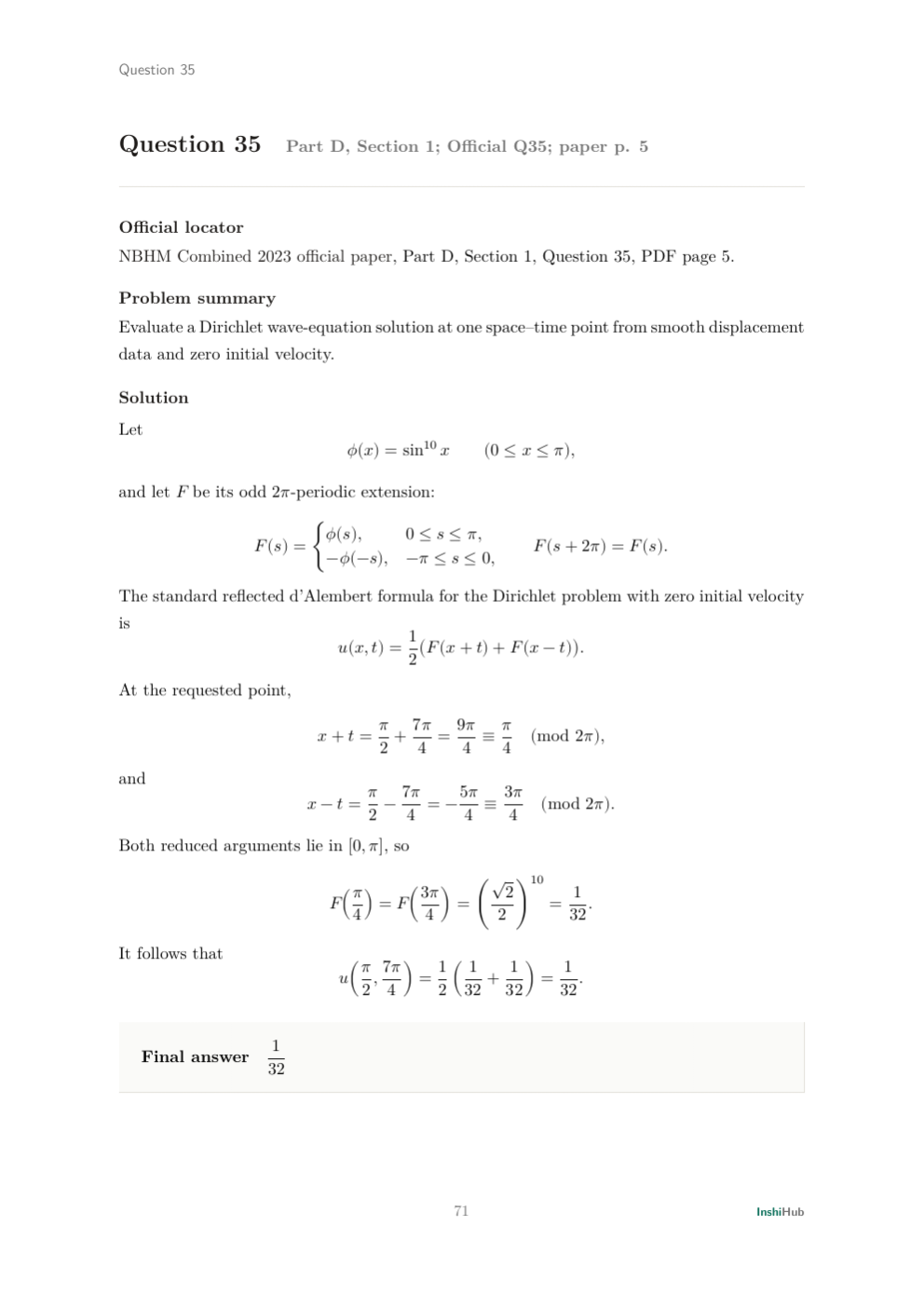 NBHM Combined 2023 Worked Solutions, preview page 5 of 6: Question 35 solution enforcing fixed endpoints with an odd periodic extension and the reflected d'Alembert formula.