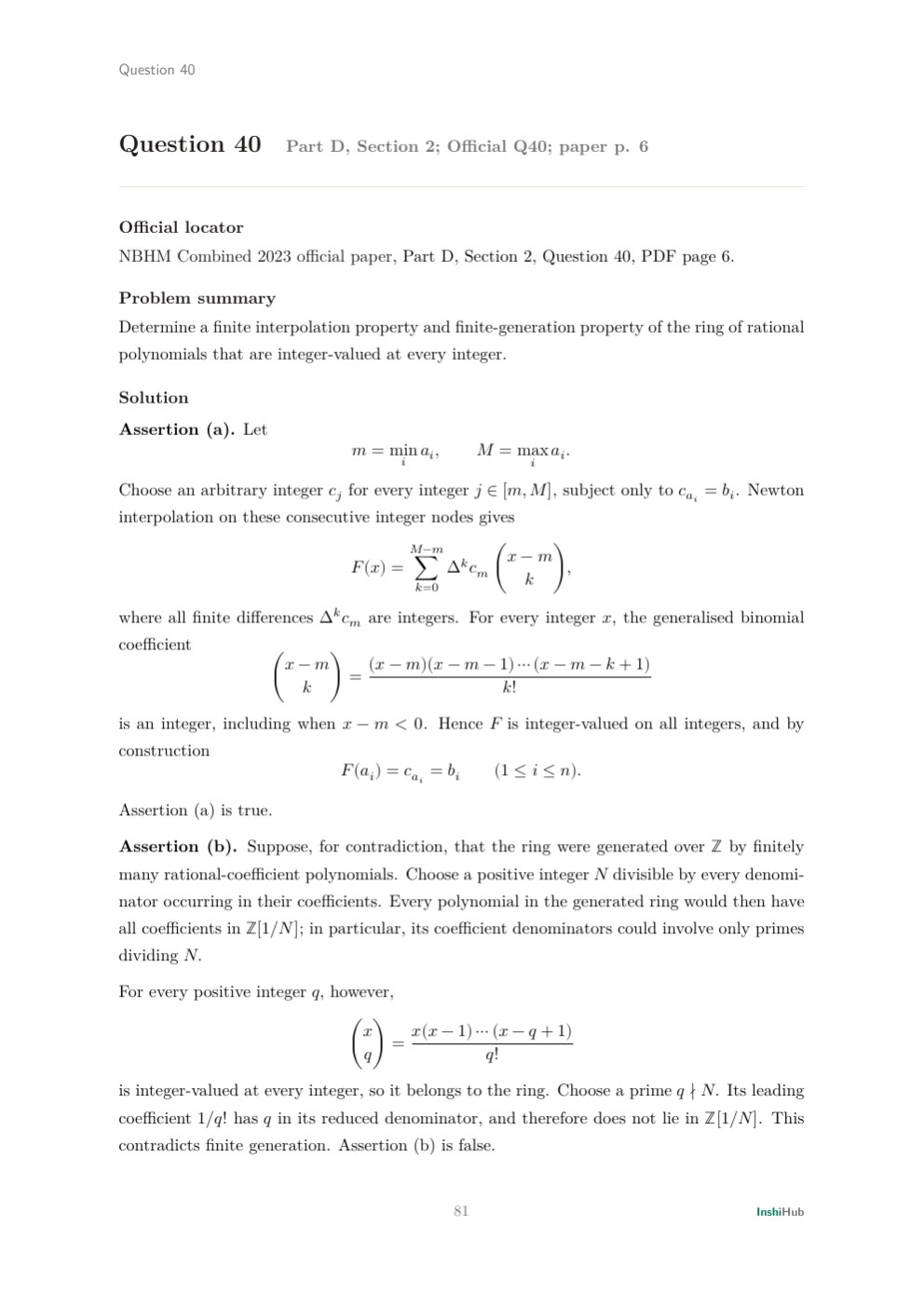 NBHM Combined 2023 Worked Solutions, preview page 6 of 6: Question 40 solution proving finite interpolation with the Newton binomial basis and ruling out finite ring generation.