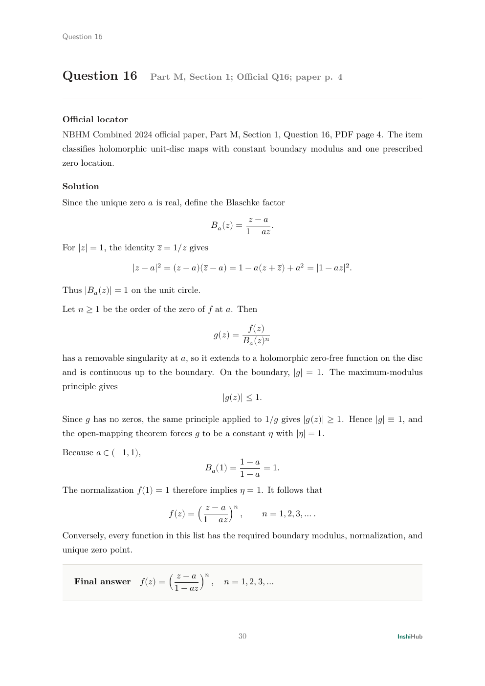 NBHM Combined 2024 Worked Solutions, preview page 2 of 6: Question 16 solution classifying unit-disc maps by dividing out a Blaschke factor with the full zero multiplicity.