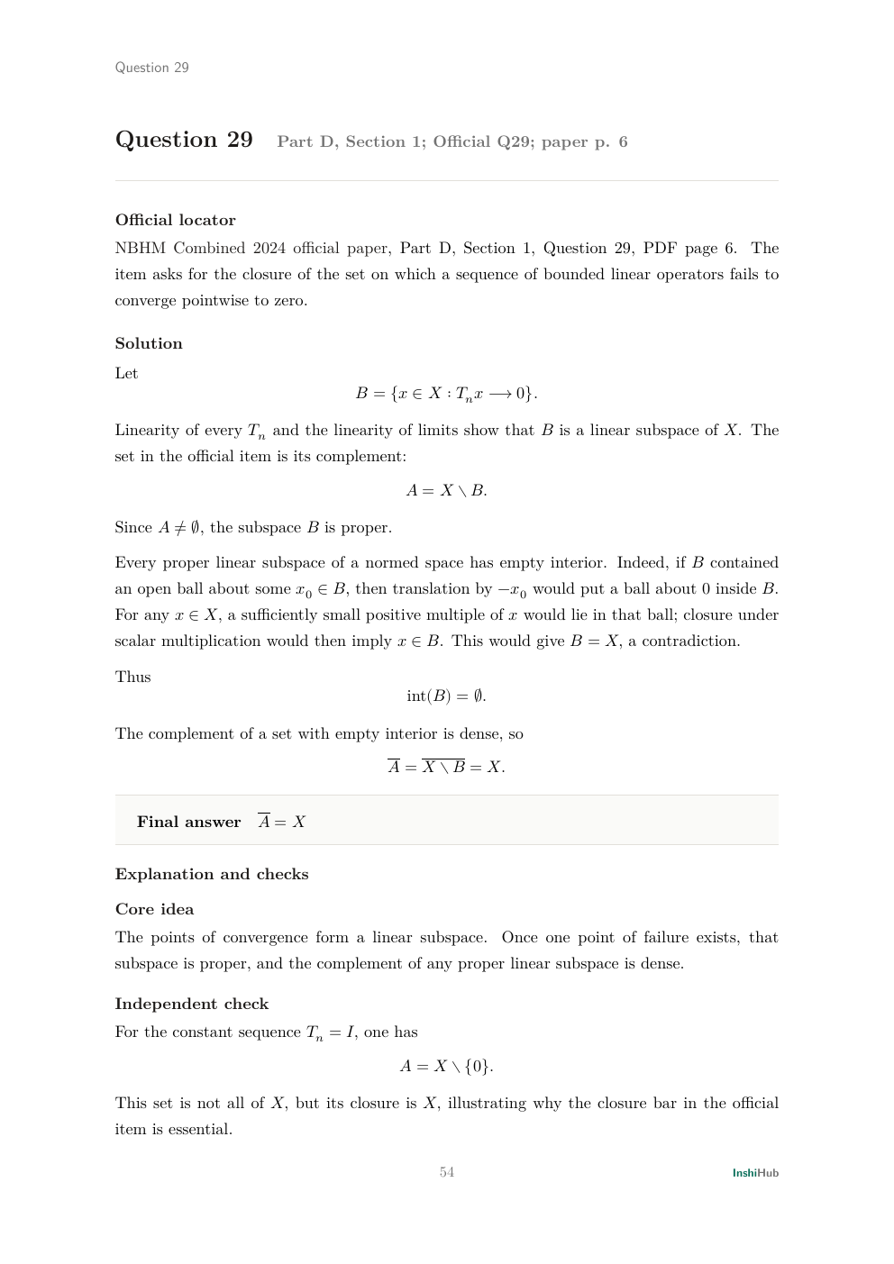 NBHM Combined 2024 Worked Solutions, preview page 3 of 6: Question 29 solution proving density of the failure set by identifying the convergence set as a proper linear subspace.