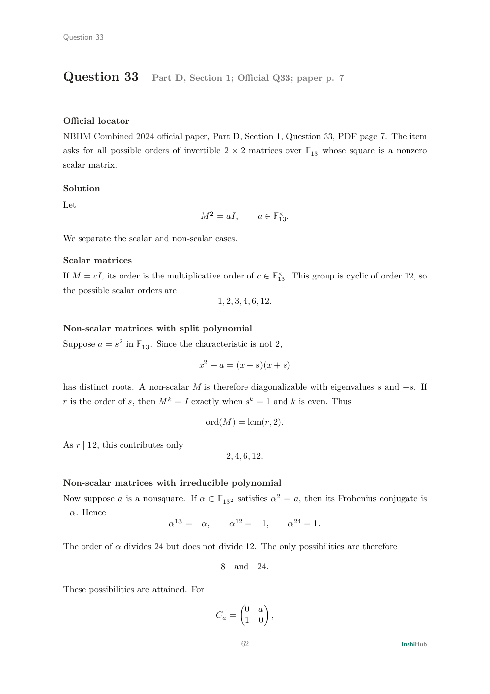 NBHM Combined 2024 Worked Solutions, preview page 4 of 6: Question 33 solution classifying matrix orders over the finite field by scalar, split, and irreducible cases.
