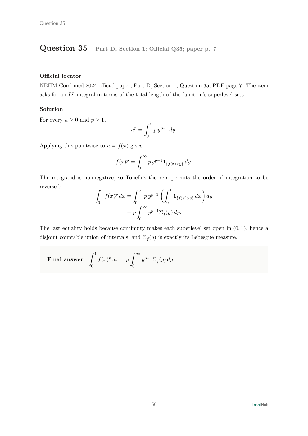 NBHM Combined 2024 Worked Solutions, preview page 5 of 6: Question 35 solution deriving the layer-cake identity by a pointwise level integral and Tonelli's theorem.