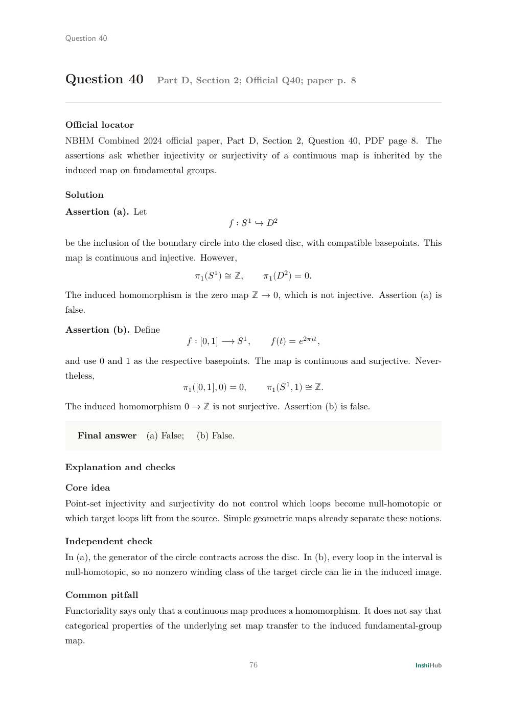 NBHM Combined 2024 Worked Solutions, preview page 6 of 6: Question 40 solution testing fundamental-group functoriality with two explicit geometric counterexamples.