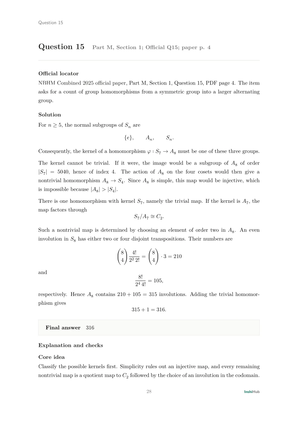 NBHM Combined 2025 Worked Solutions, preview page 2 of 6: Question 15 solution classifying kernels and counting the two possible even involution cycle types to obtain 316 homomorphisms.