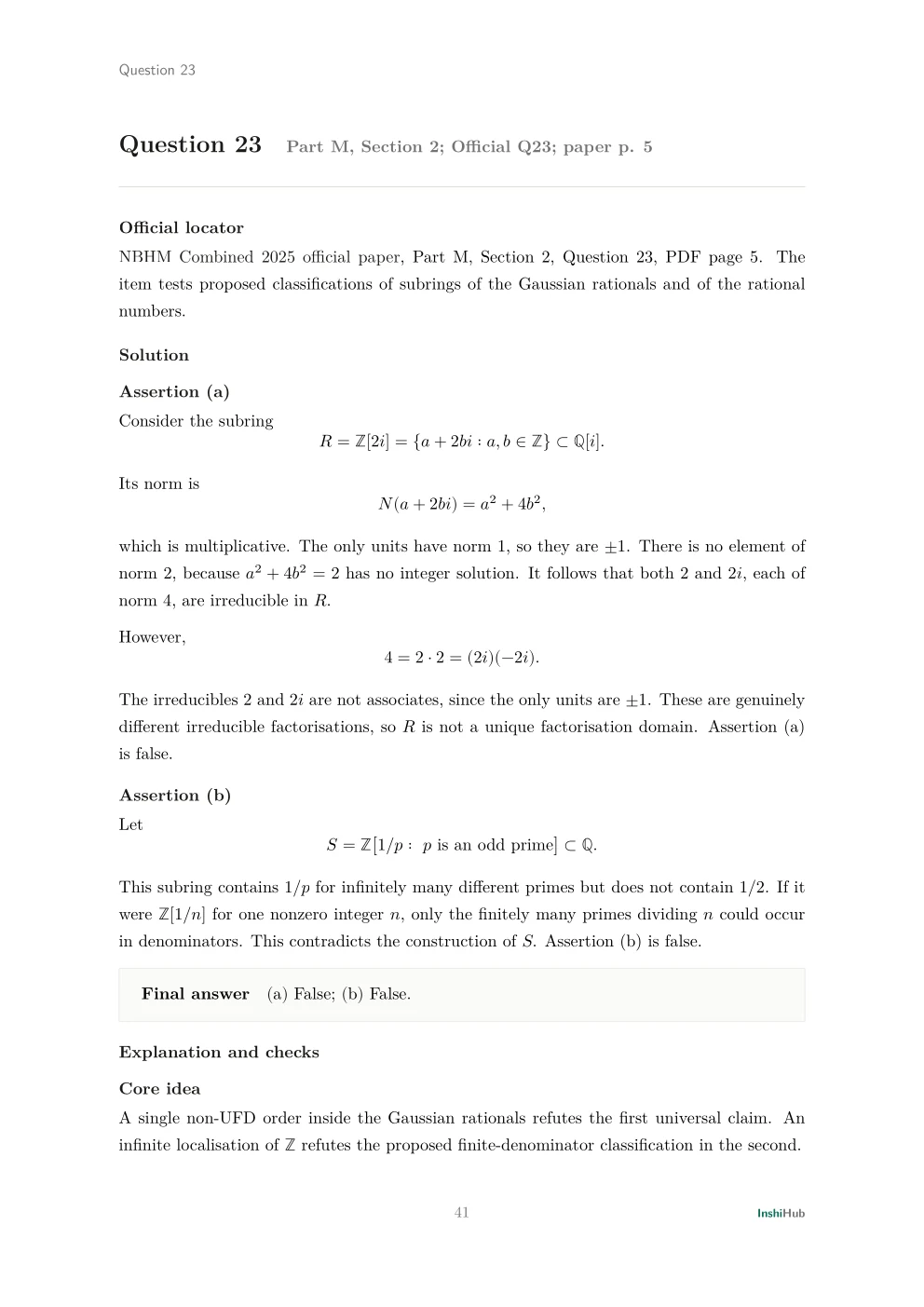 NBHM Combined 2025 Worked Solutions, preview page 3 of 6: Question 23 solution constructing counterexamples to proposed classifications of subrings of the Gaussian rationals and the rationals.