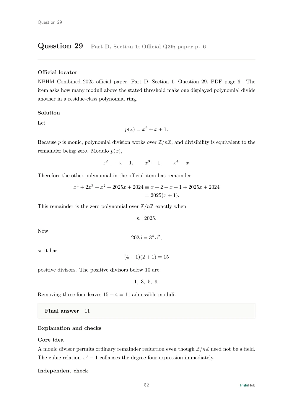 NBHM Combined 2025 Worked Solutions, preview page 5 of 6: Question 29 solution reducing a quartic modulo a monic quadratic and counting the qualifying divisors of 2025.