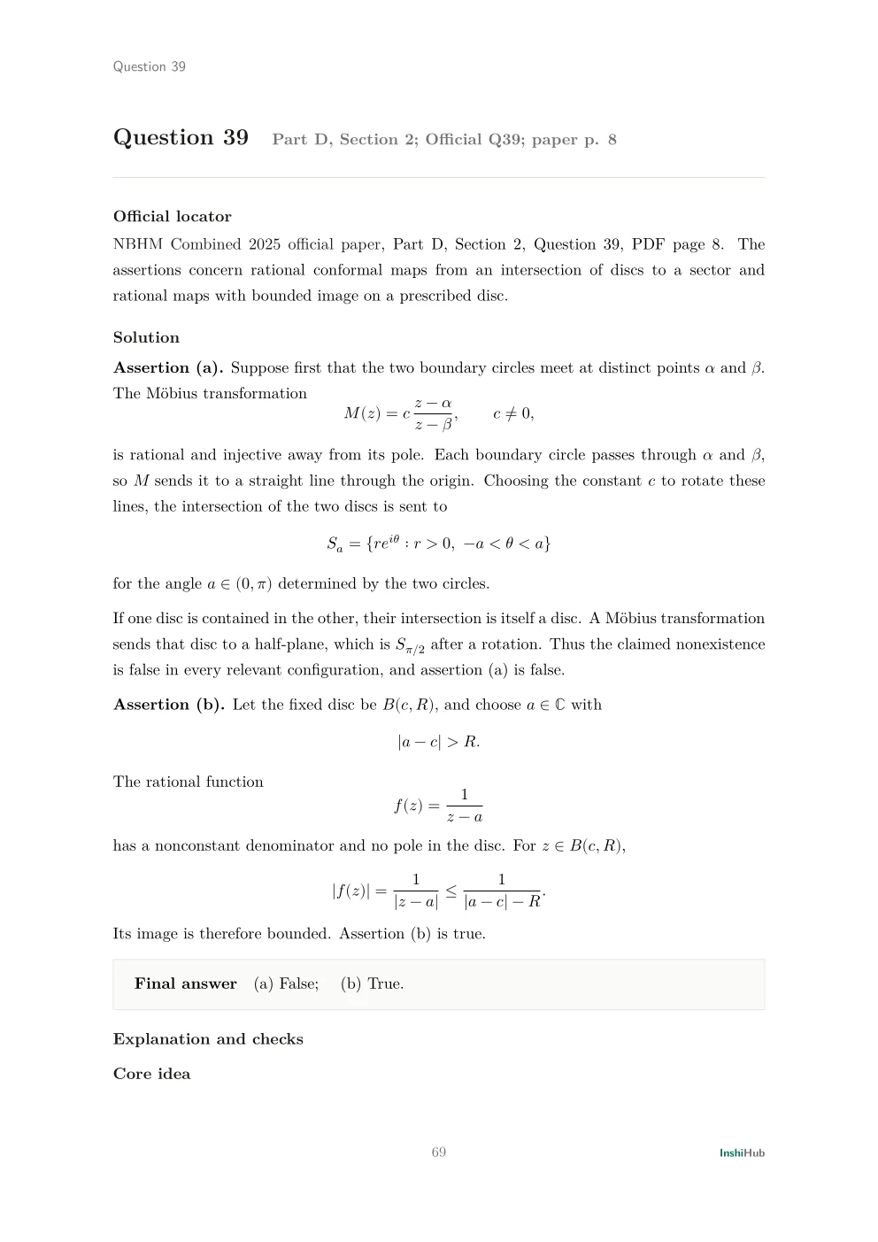 NBHM Combined 2025 Worked Solutions, preview page 6 of 6: Question 39 solution using a Möbius transformation for the sector map and placing a reciprocal pole outside a fixed disc.