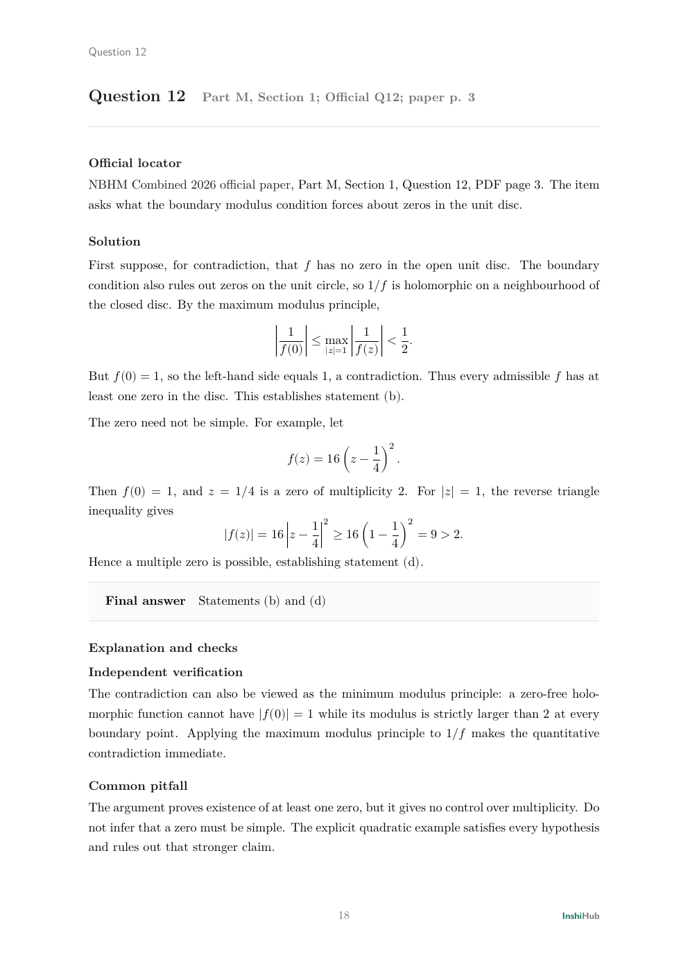 NBHM Combined 2026 Worked Solutions, preview page 2 of 6: Question 12 solution proving a zero exists in the unit disc and constructing an example with a double zero under the stated boundary condition.