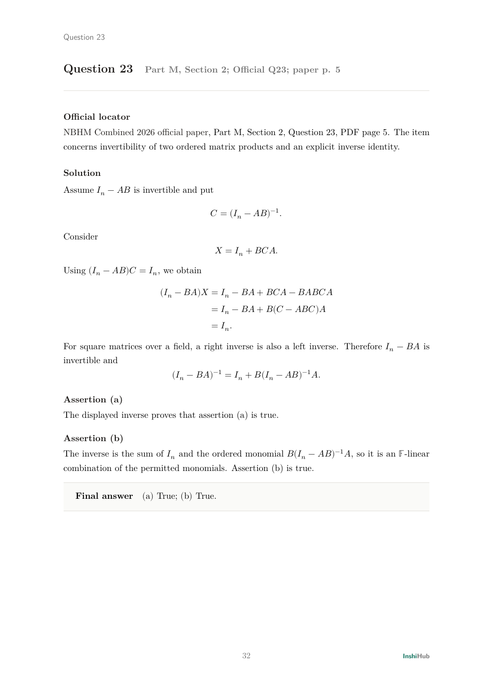 NBHM Combined 2026 Worked Solutions, preview page 3 of 6: Question 23 solution deriving the inverse identity for I minus BA from the invertibility of I minus AB.